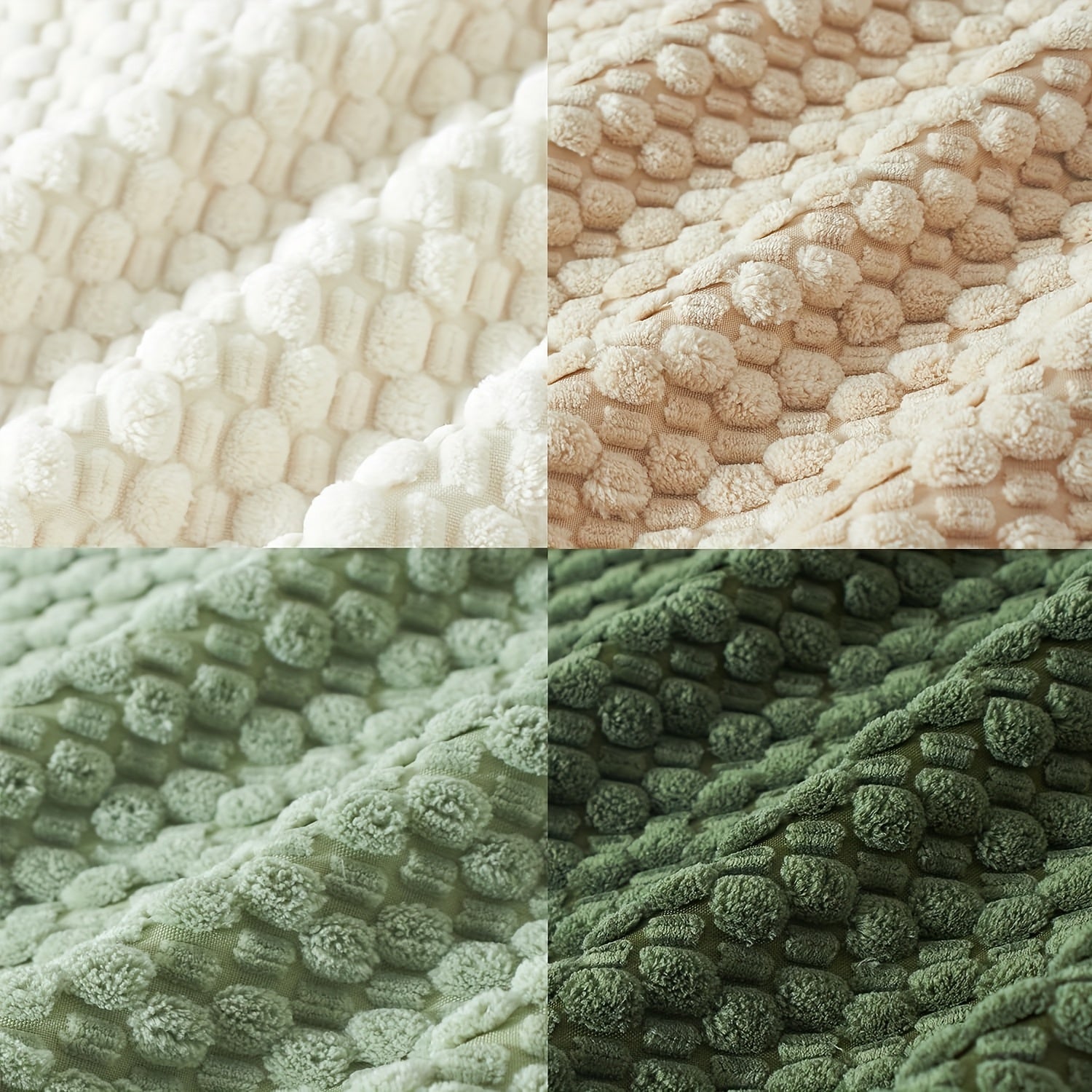 Four different textures of textured fabric in beige, pink, green, and dark green.