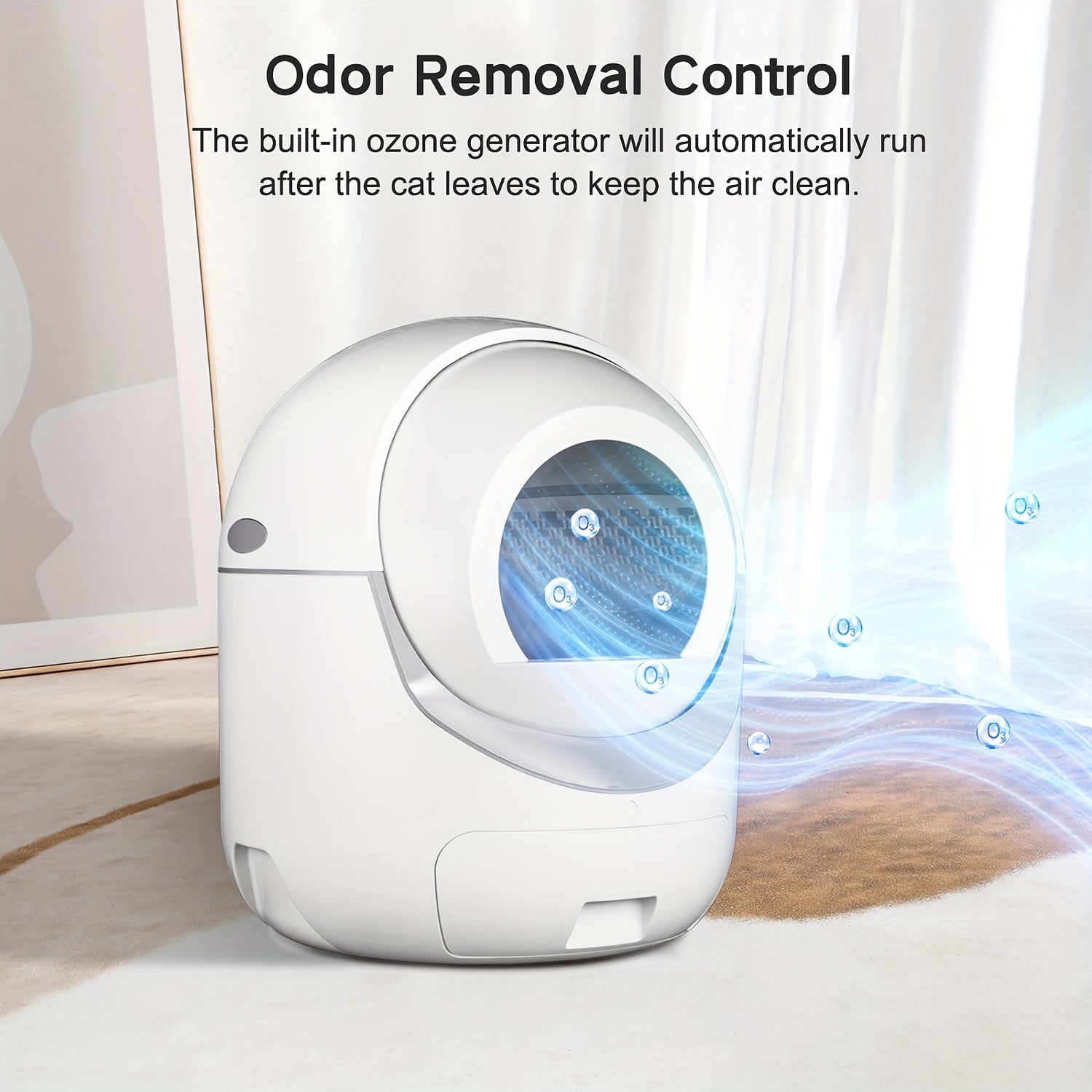 An automatic cat litter box for odor removal control on a light background