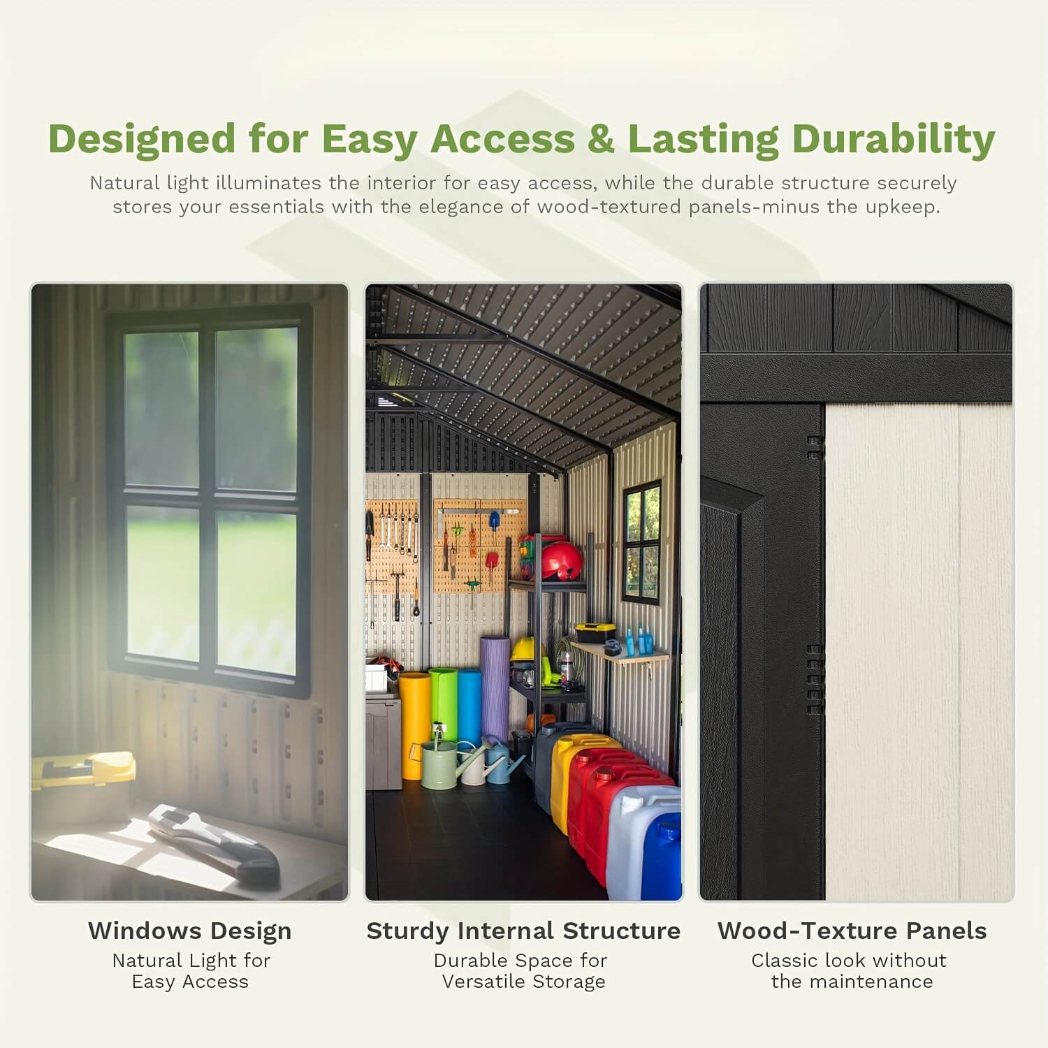Storage shed with windows, interior view, and wood-textured panels.