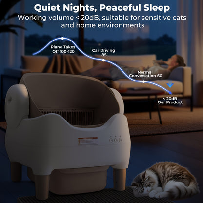 White smart cat litter box with a cat in a living room, showing noise level comparison.