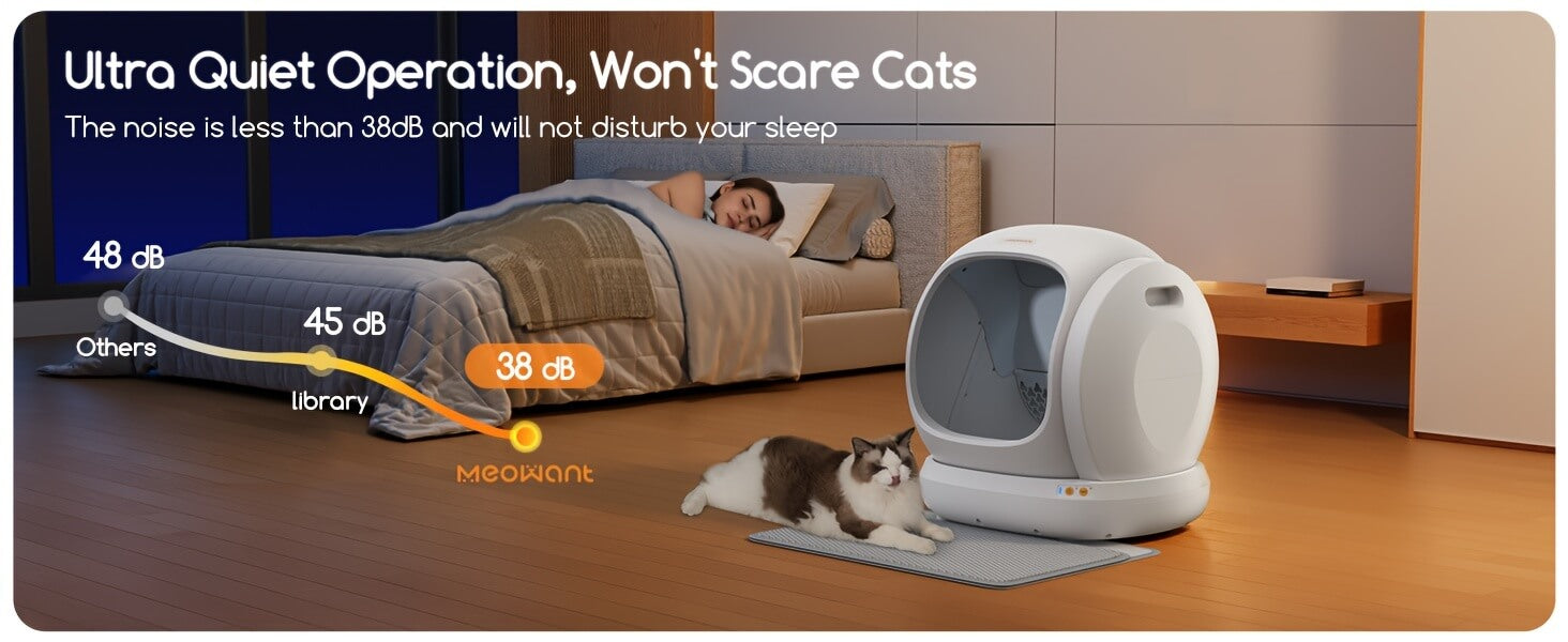 Cat litter box with a cat on a mat in a bedroom setting, showing ultra quiet operation.