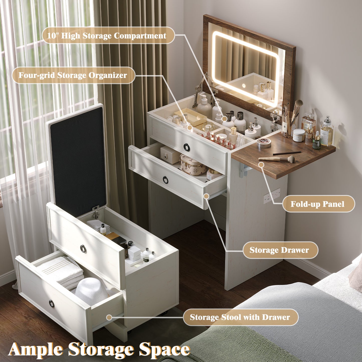 Vanity set with lighted mirror with various compartments and storage options in a bedroom setting.