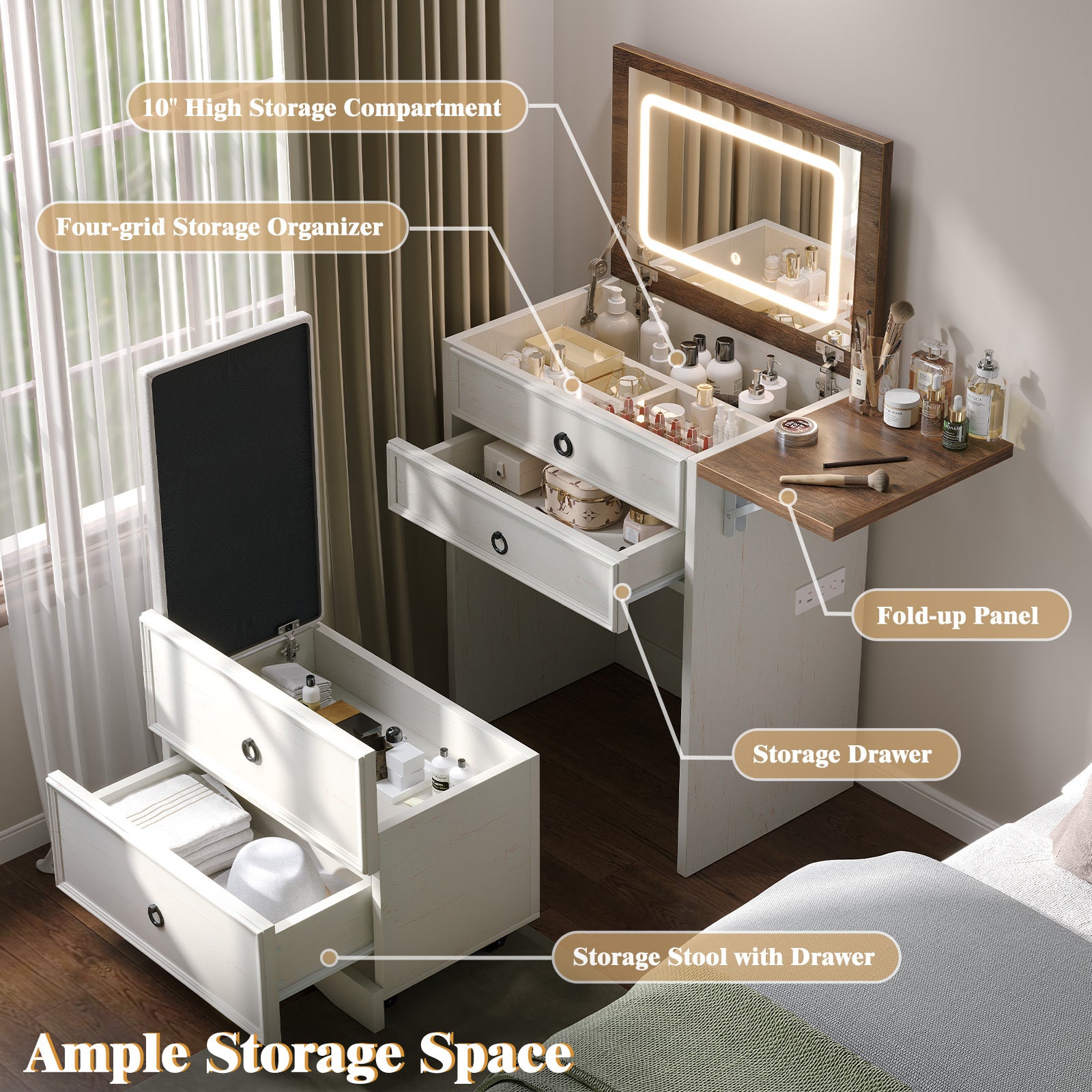 Vanity set with lighted mirror with various compartments and storage options in a bedroom setting.