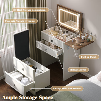 Vanity set with lighted mirror with various compartments and storage options in a bedroom setting.