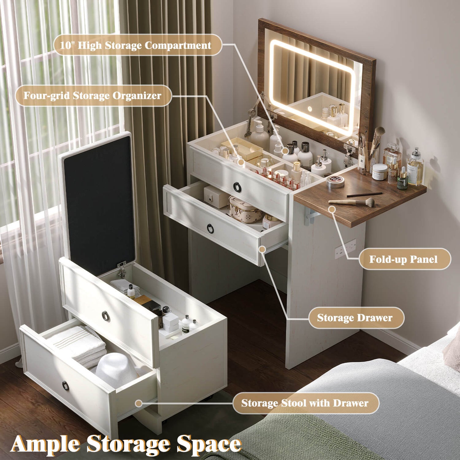 White vanity table with various compartments and storage options in a bedroom setting.