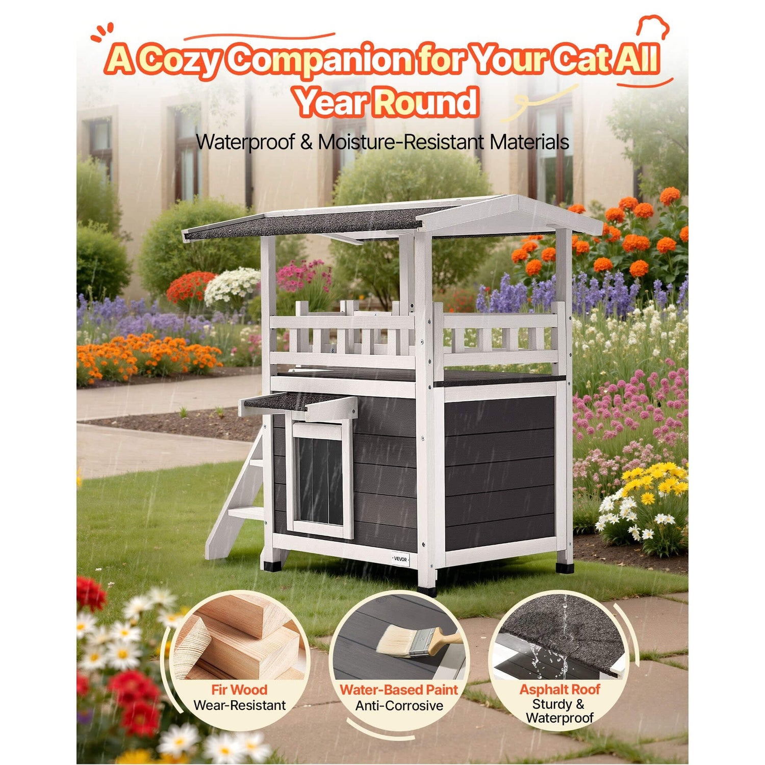 Outdoor cat house with waterproof materials in a garden setting