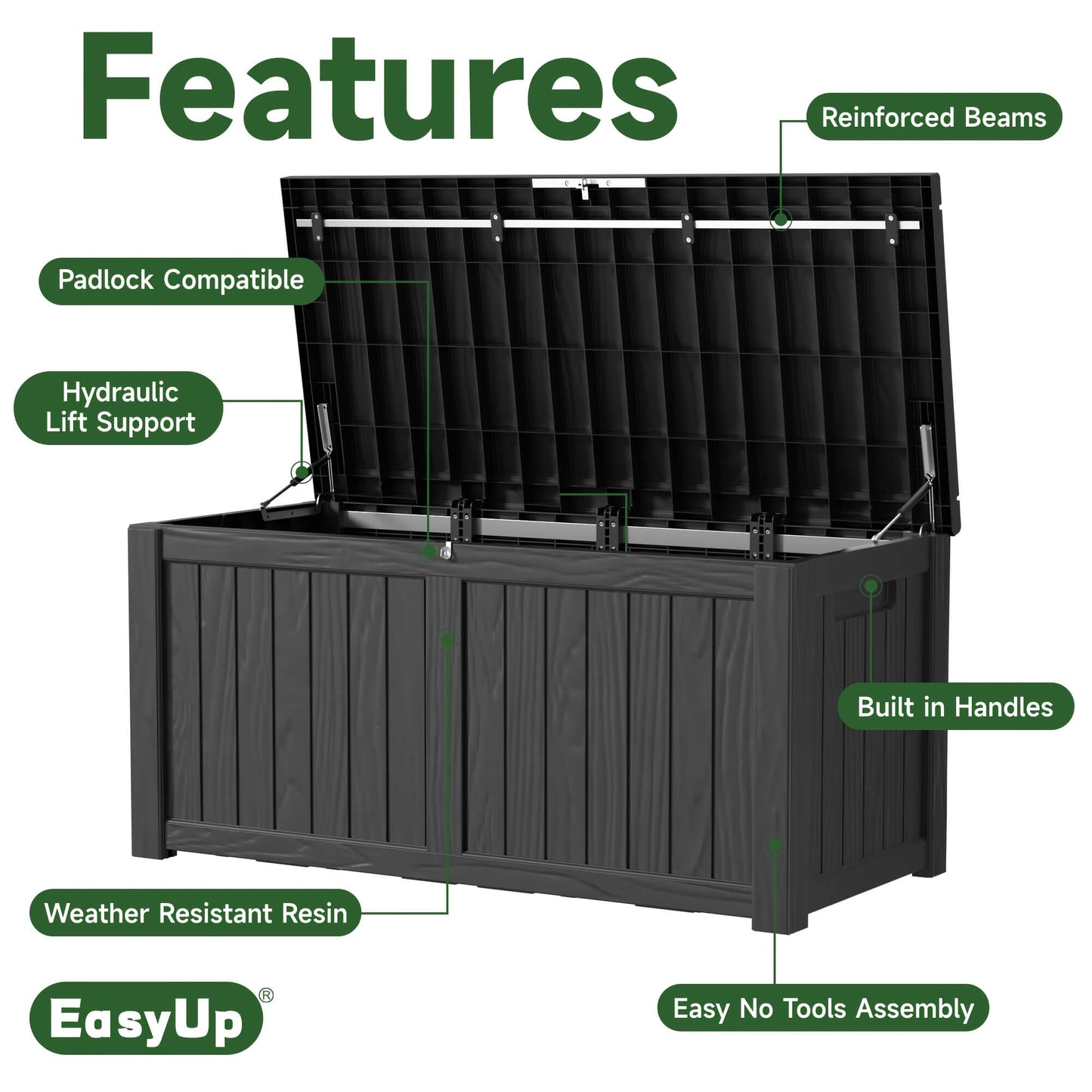 Black outdoor storage box with features highlighted on a white background