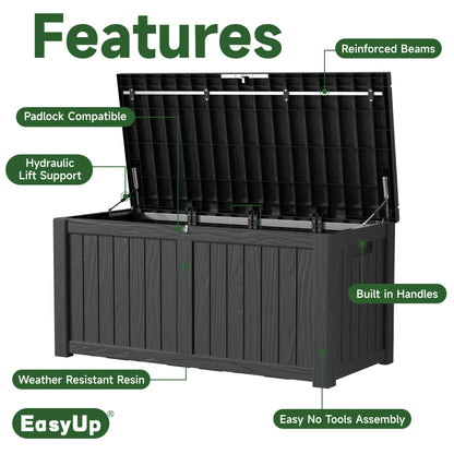 Black outdoor storage box with features highlighted on a white background