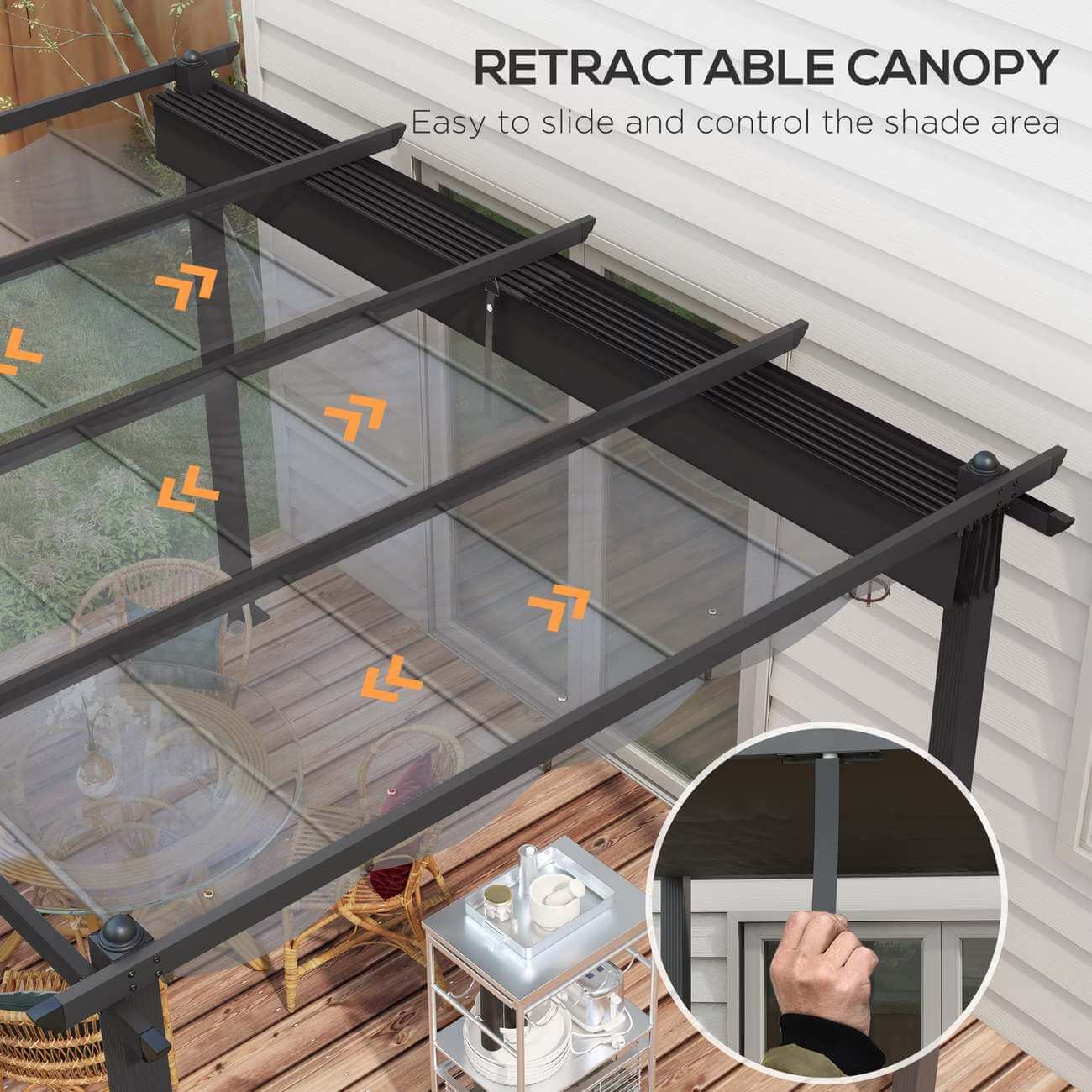Retractable canopy system on a deck with ease of use text and arrows indicating movement.