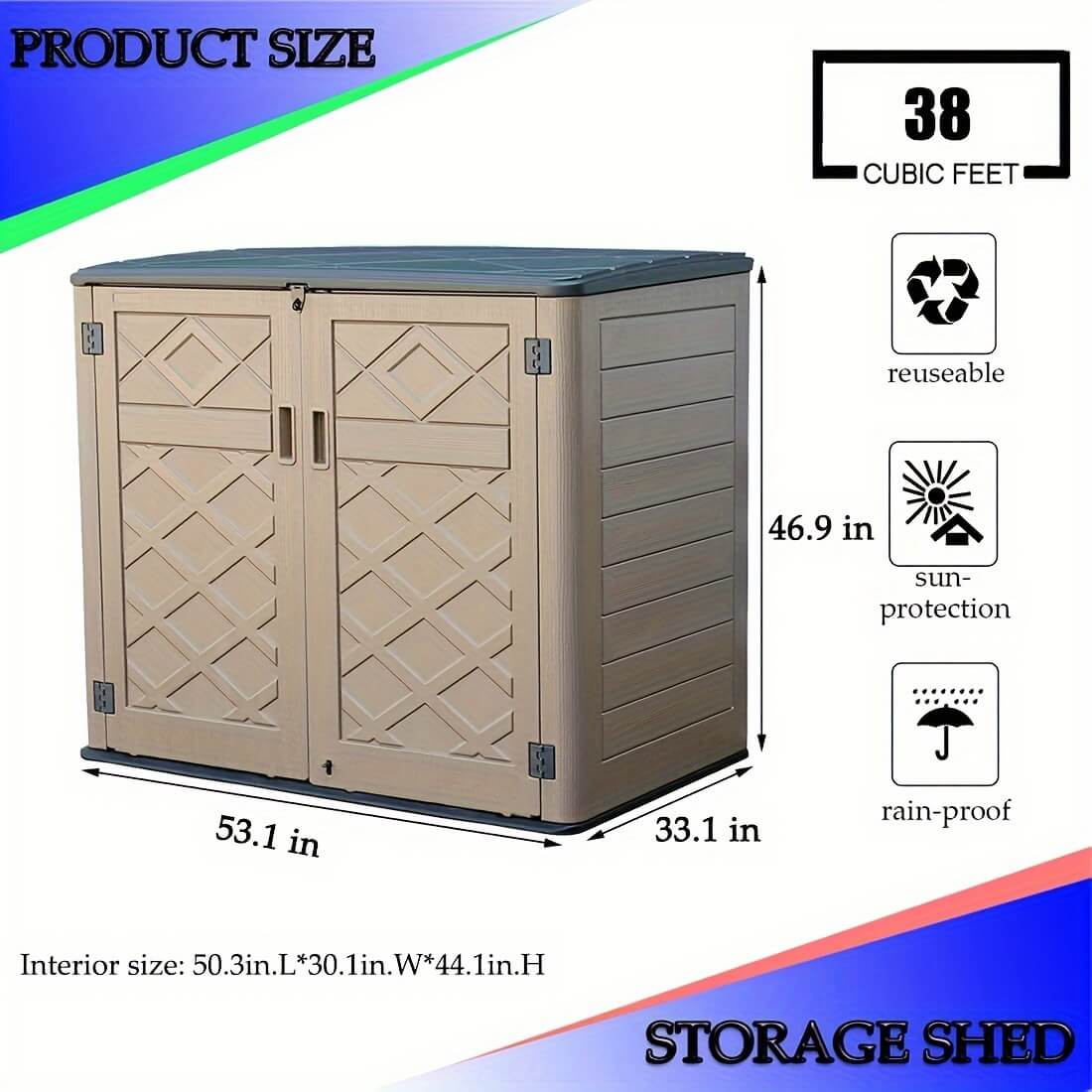 Resin outdoor storage shed with dimensions and features on a colorful background