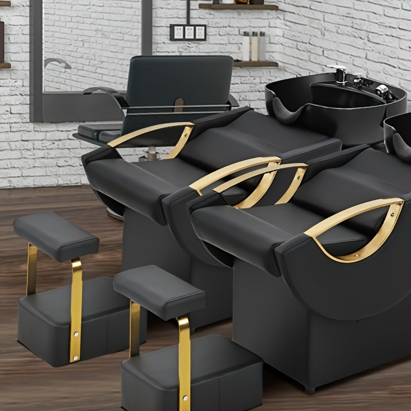 Black and gold salon backwash units with a brick wall background