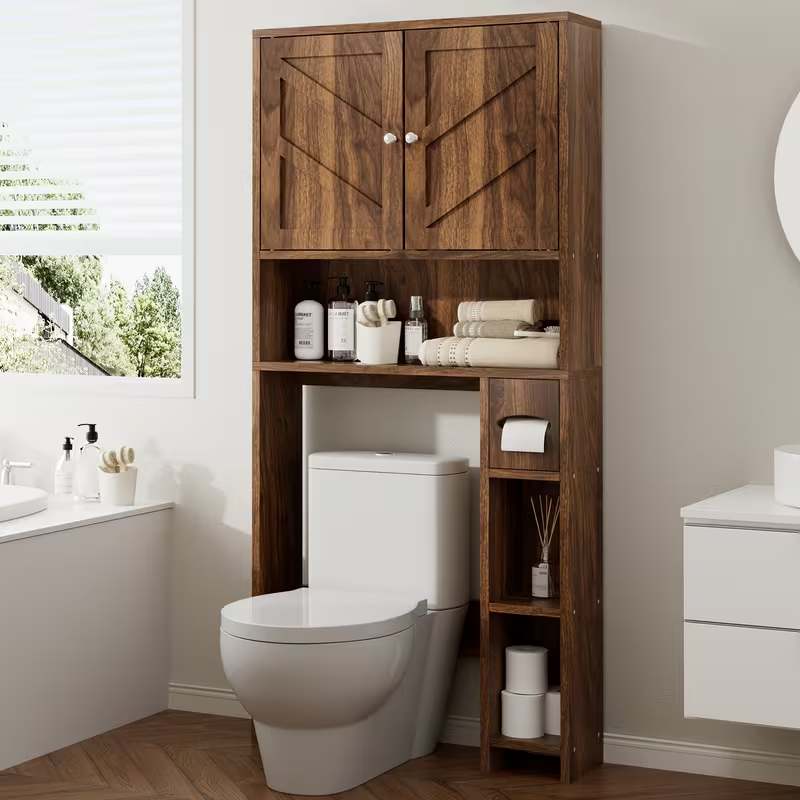 A tall dark brown wooden over-the-toilet storage cabinet with two upper doors, open shelves, and side compartments, shown in a modern bathroom setting next to a toilet.