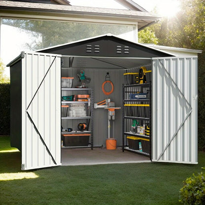 Metal storage shed with open doors showing tools and equipment inside.