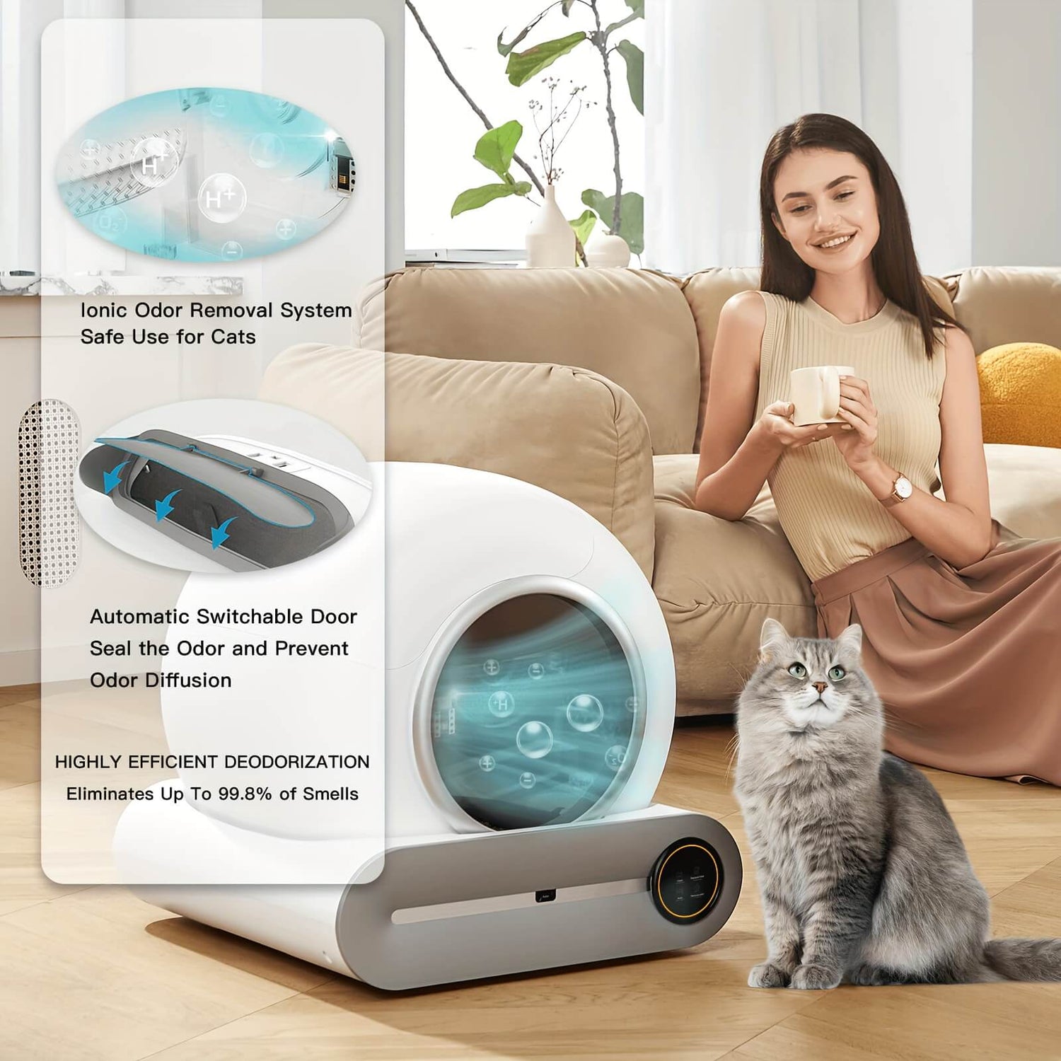 Woman sitting on a couch with a cat next to an smart scoop cat litter box in a living room.