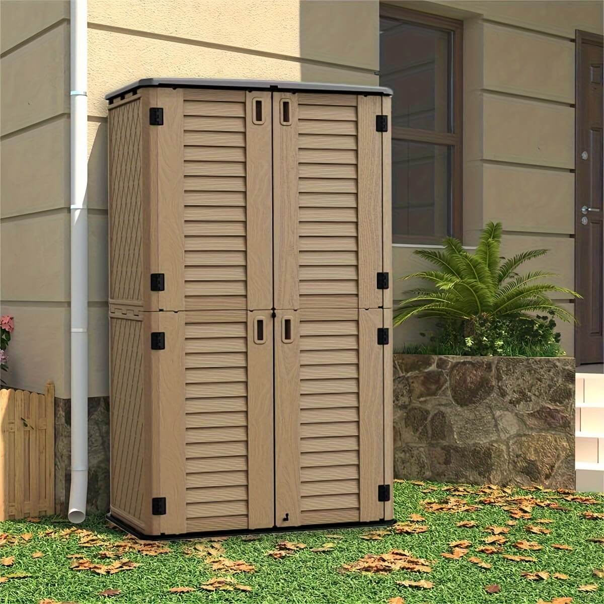 Beige resin outdoor storage shed against a house exterior with grass and leaves on the ground.