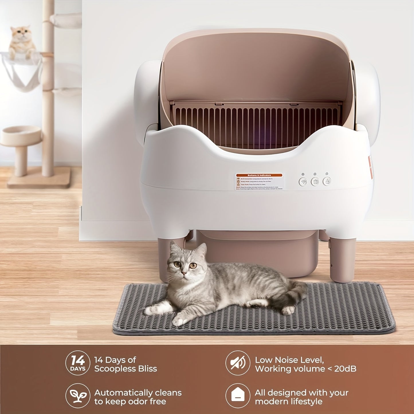 Cat litter box with a cat sitting on a mat in a room setting