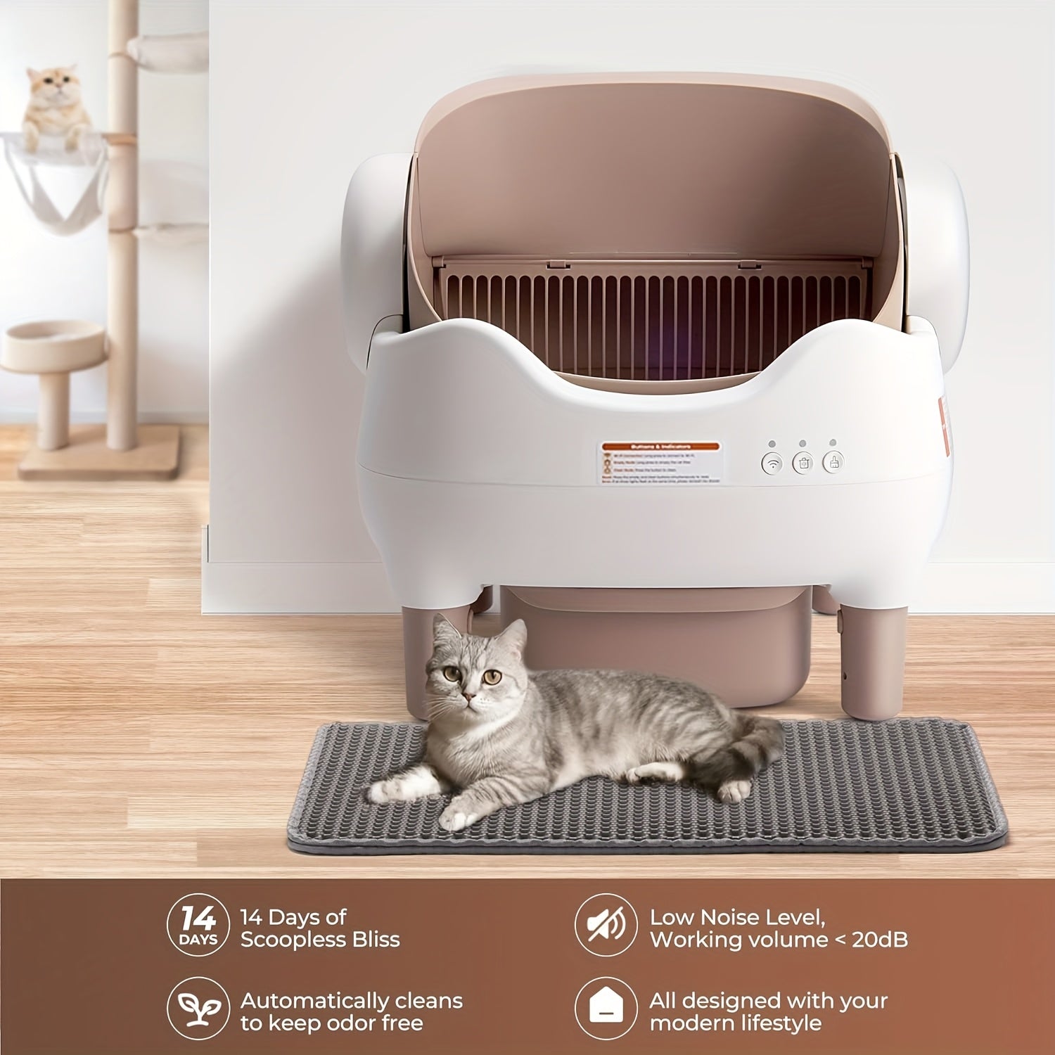 Cat litter box with a cat sitting on a mat in a room setting