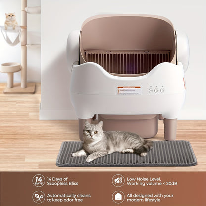 Cat litter box with a cat sitting on a mat in a room setting
