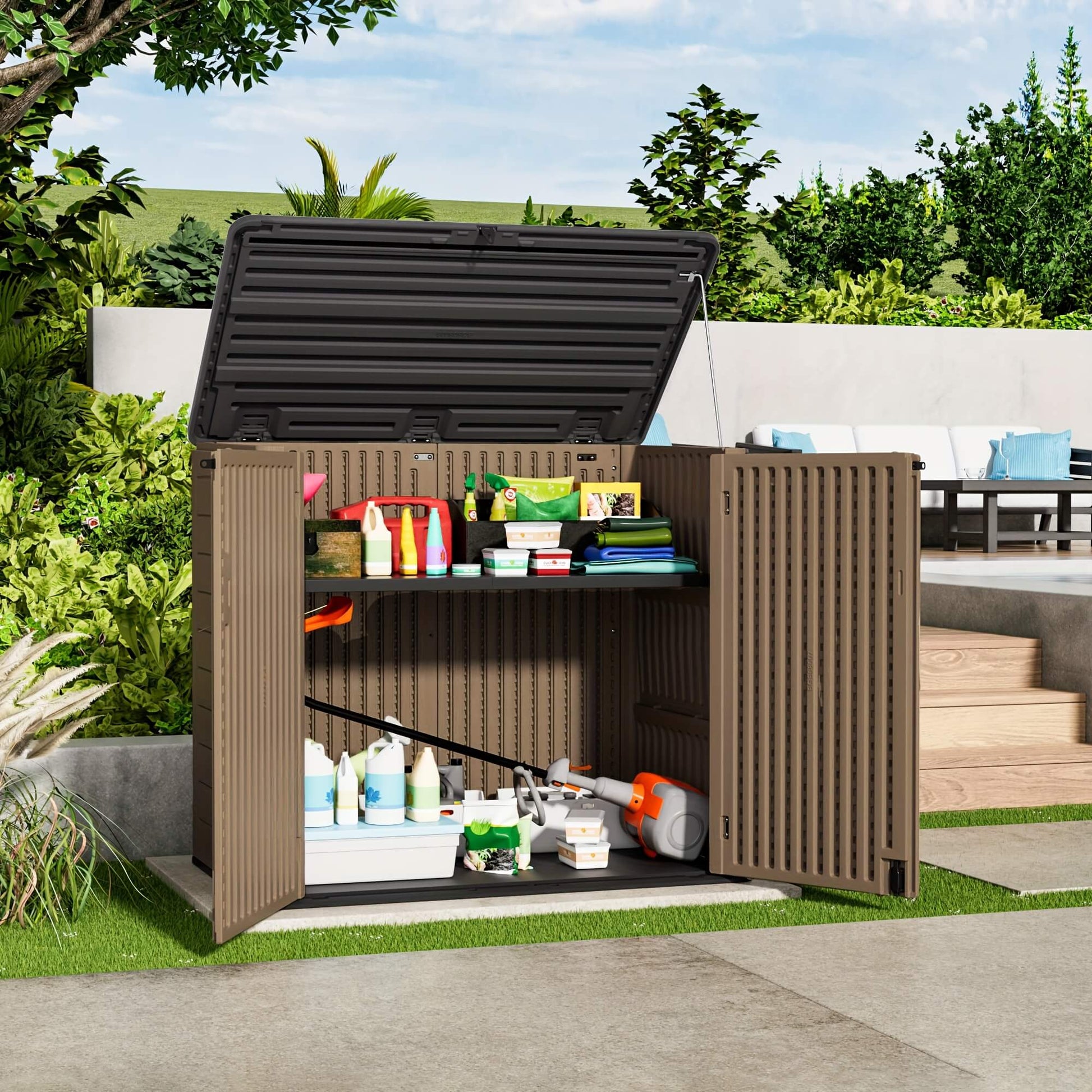 Resin outdoor storage shed filled with gardening supplies in a garden setting