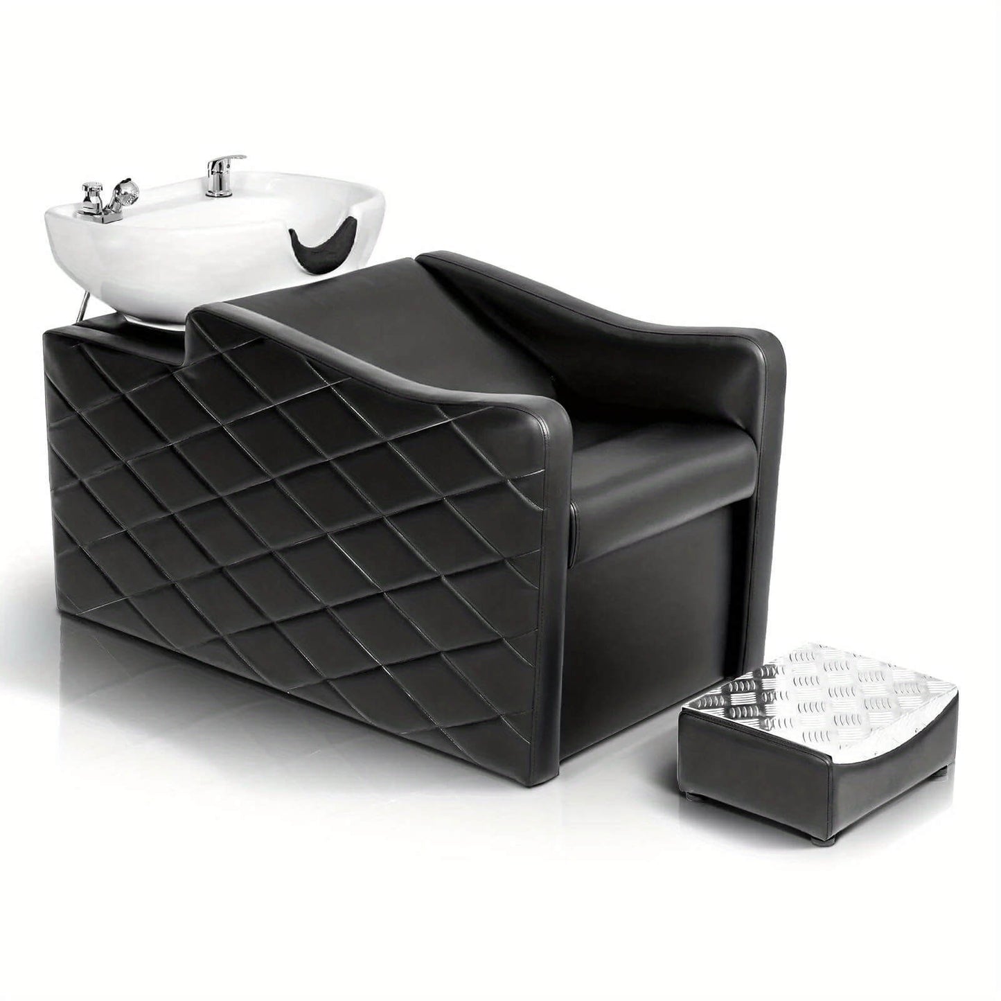 Black salon chair with white sink on a white background