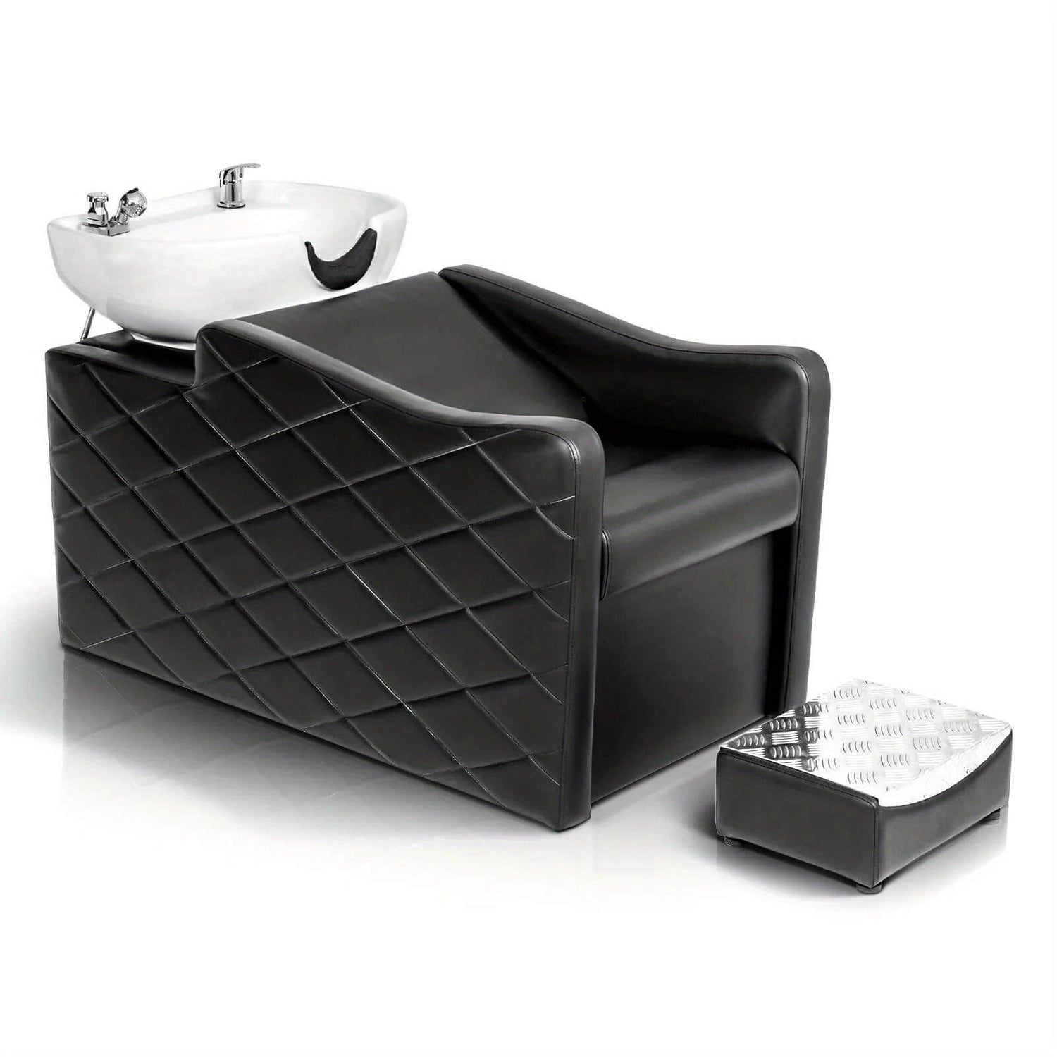 Black salon chair with white sink on a white background
