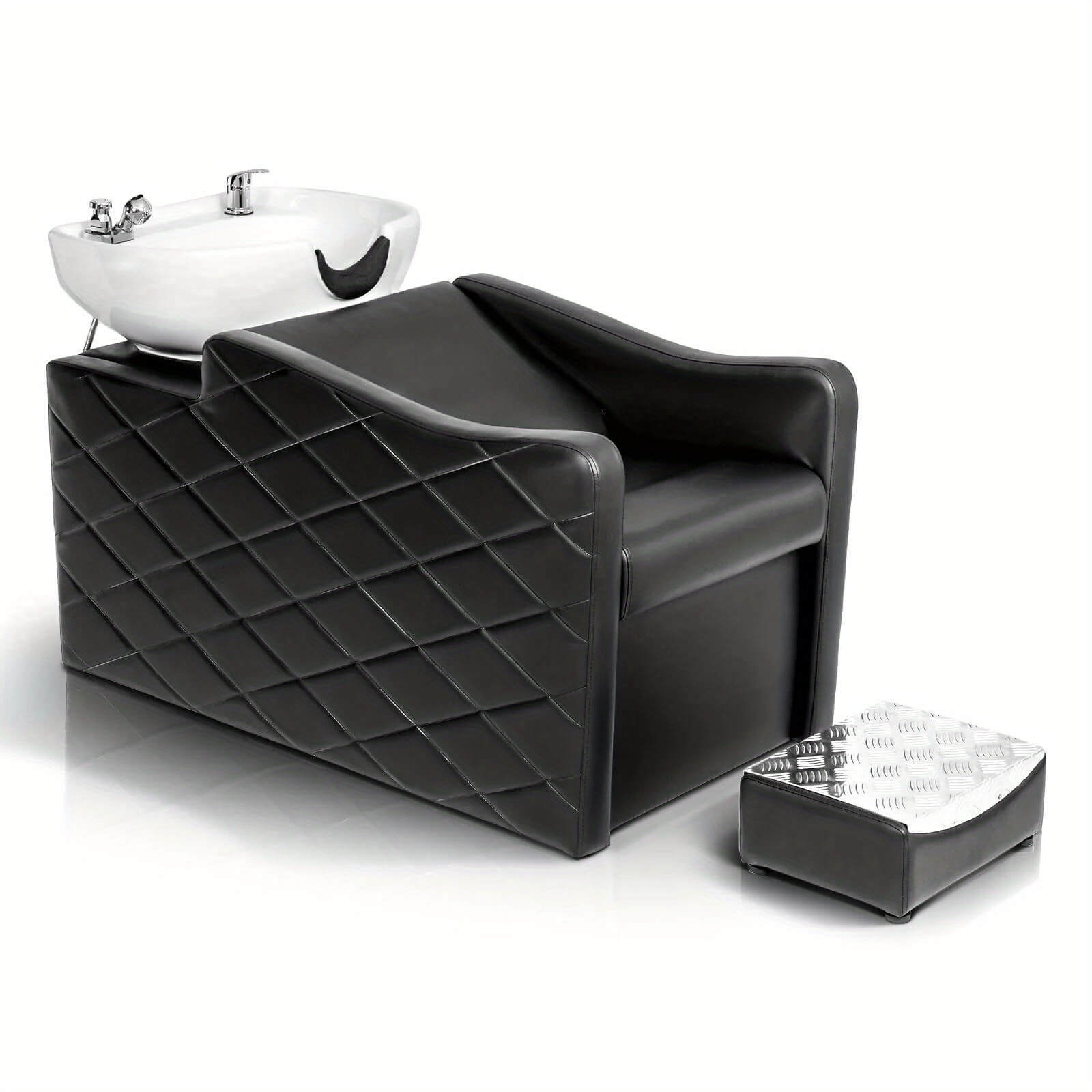 Black salon chair with white sink on a white background