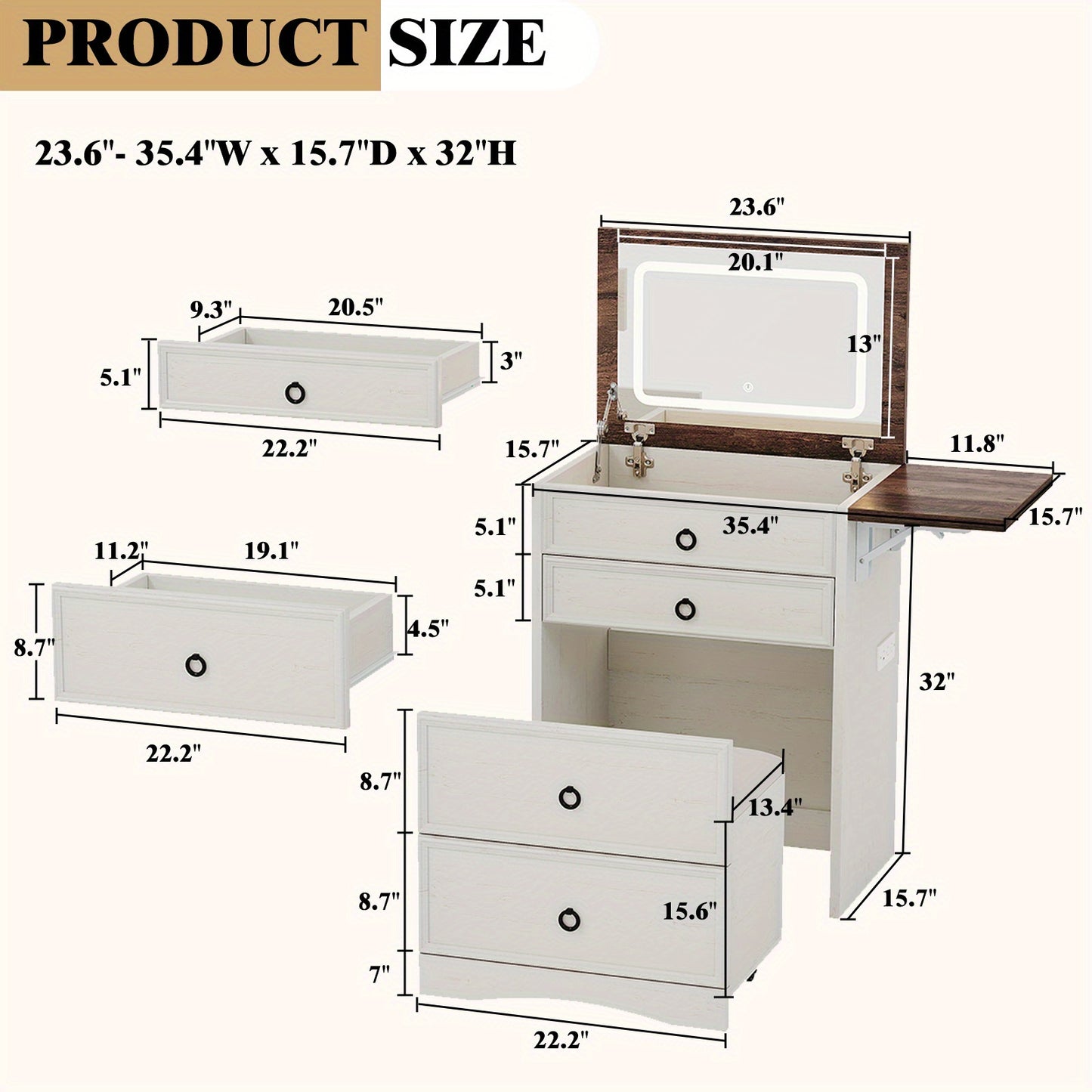 Measurement chart of a Vanity set with lighted mirror with dimensions labeled