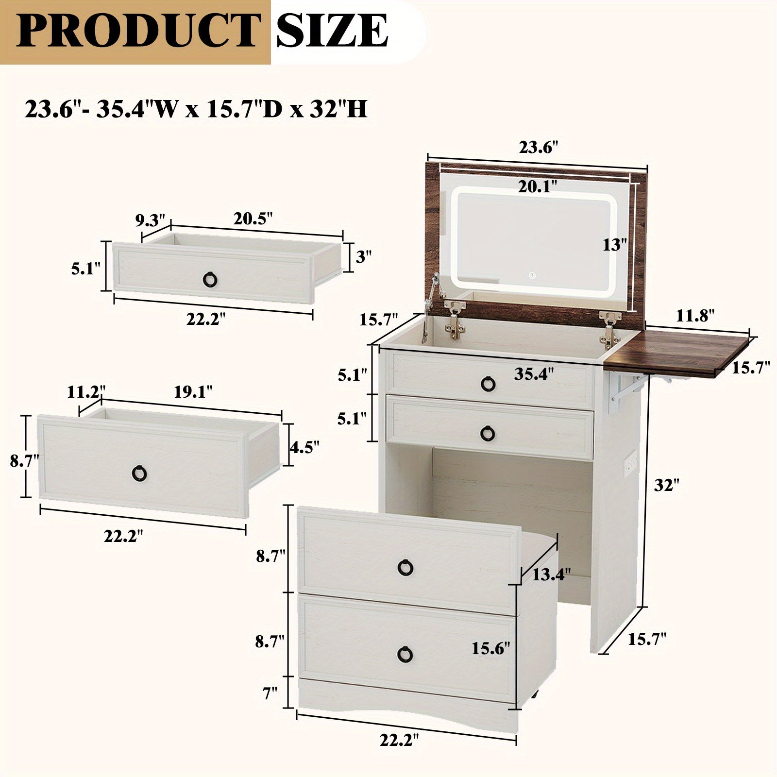 Measurement chart of a Vanity set with lighted mirror with dimensions labeled