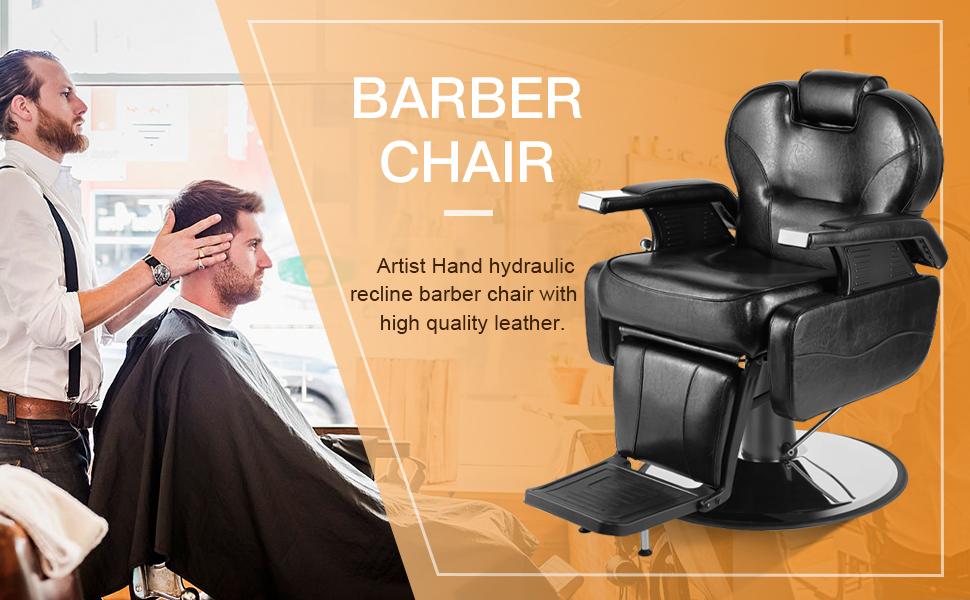 An hydraulic barber chair with a barber attending to a customer, set against an orange background.