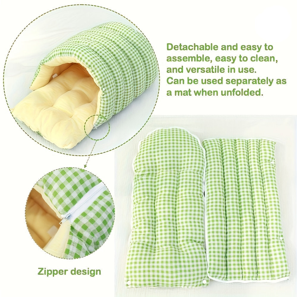 Green checkered wool cat cave with zipper design and text describing its features on a white background