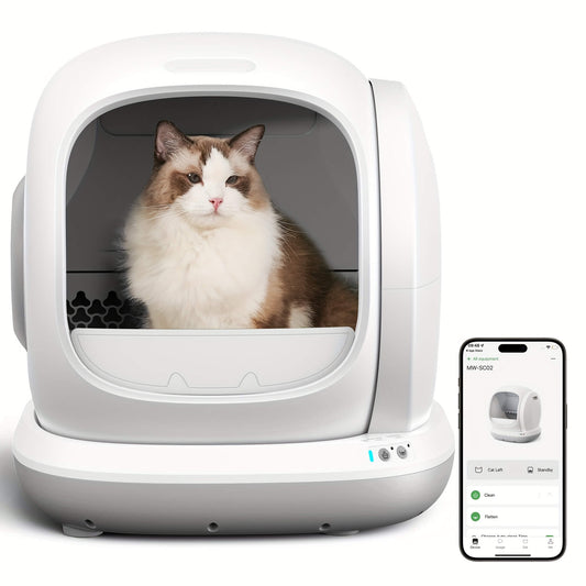 Cat inside a Meowant self cleaning litter box with a smartphone app displayed on a white background