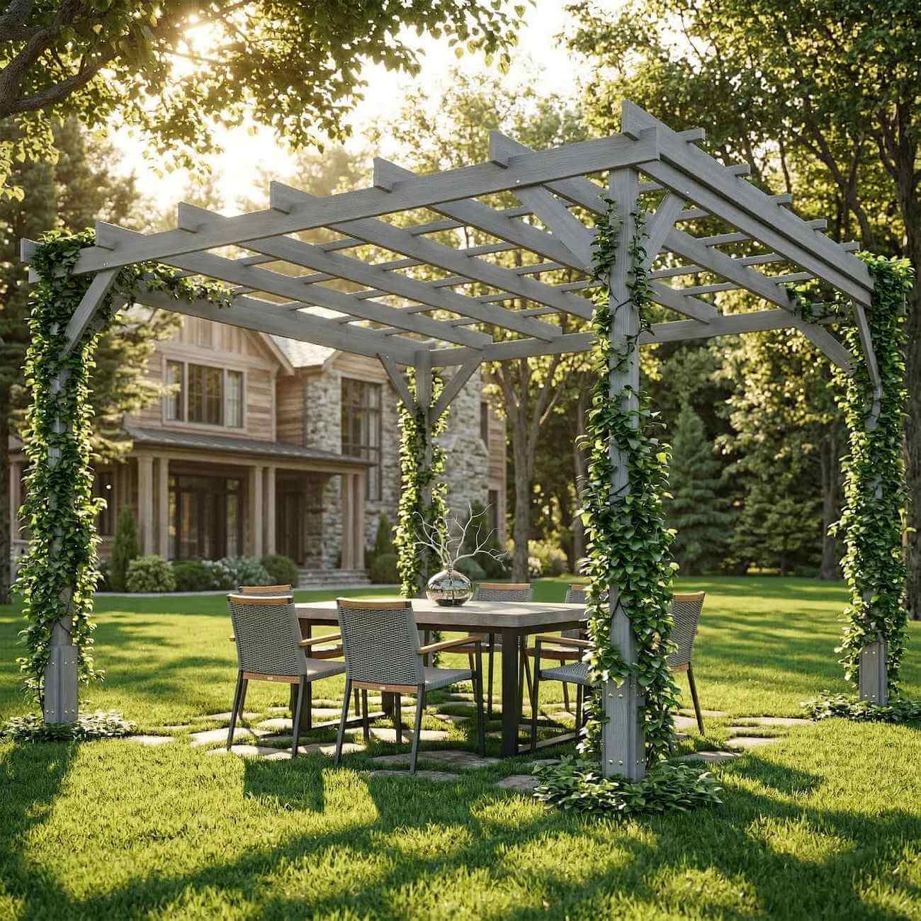 Pergola with floral decorations in a garden setting with lounge chairs.