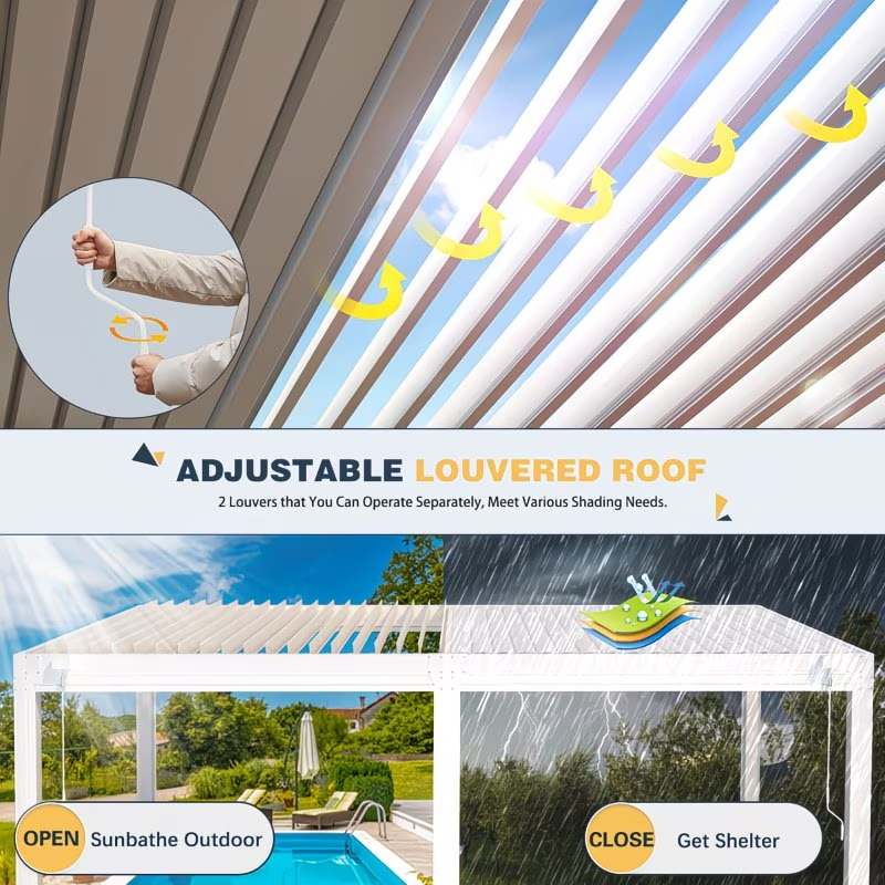 Adjustable louvered roof system with open and closed positions, showing sunbathing and sheltering capabilities.