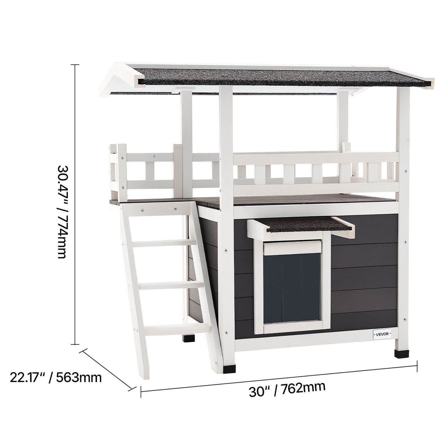 Feral cat outdoor shelter with elevated platform and dimensions displayed