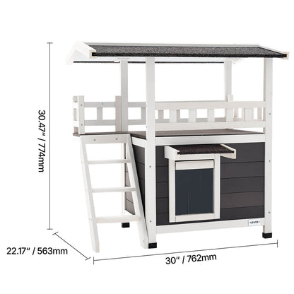 Feral cat outdoor shelter with elevated platform and dimensions displayed