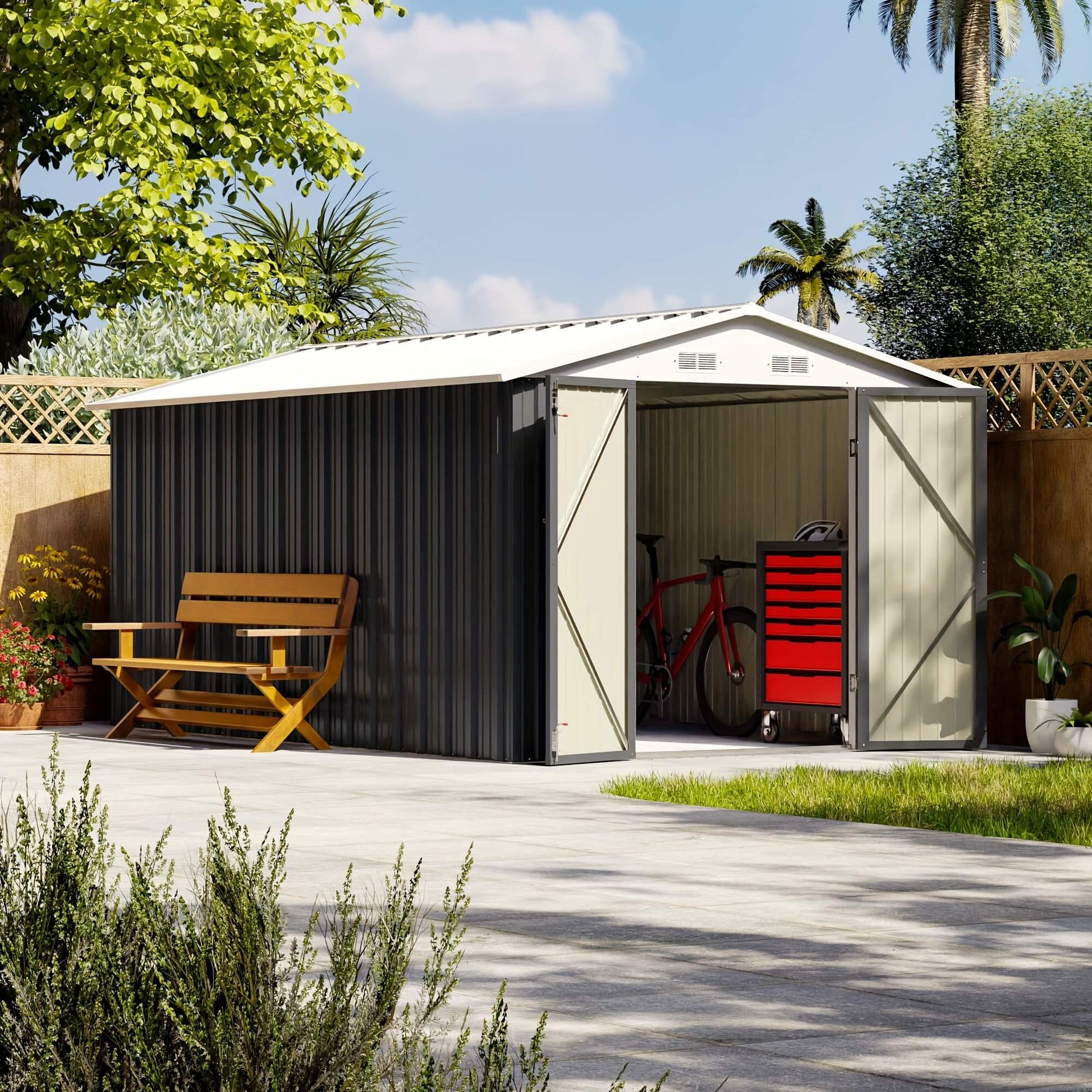 Metal storage shed with garden furniture and tools in a backyard setting