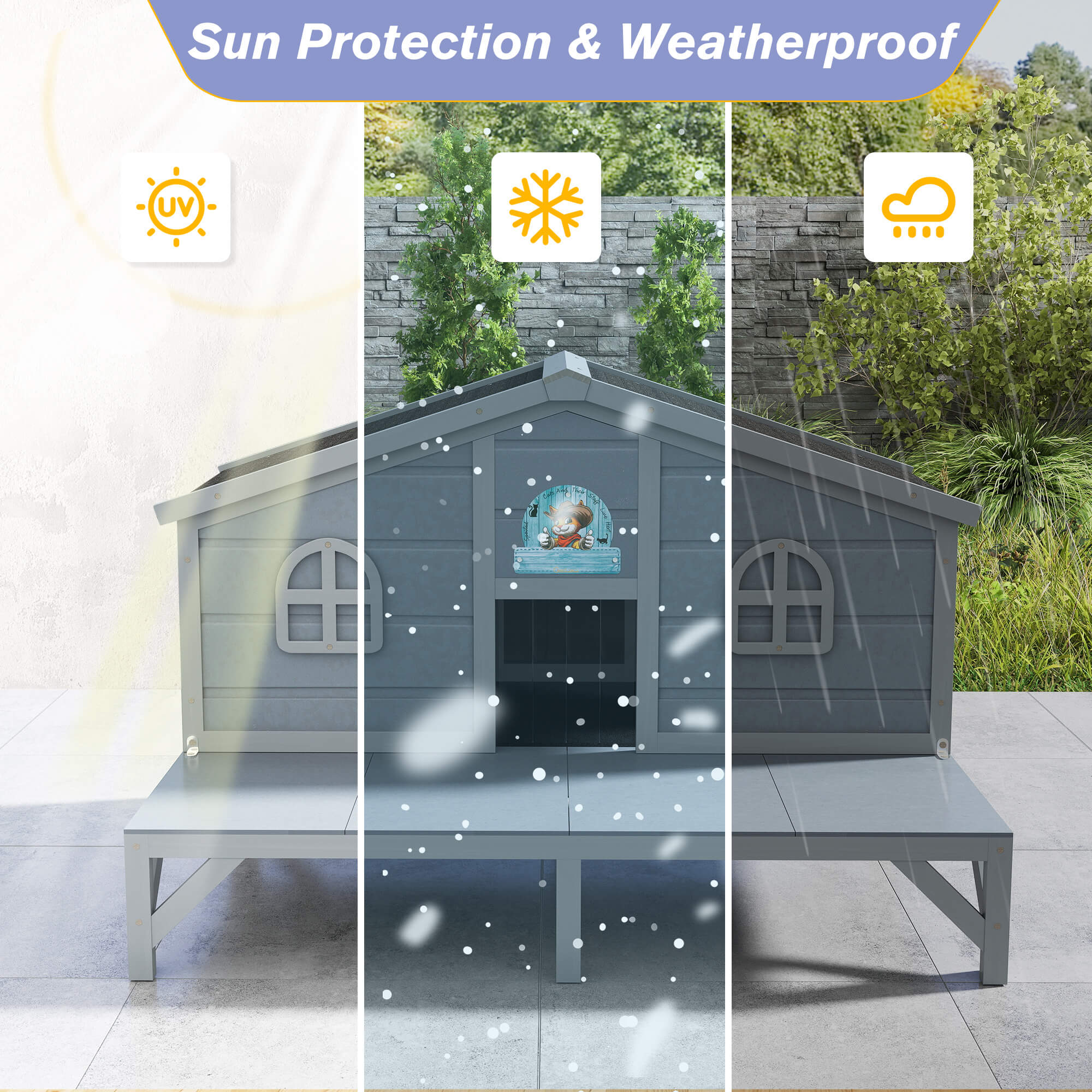 Outdoor playhouse with sun, snow, and rain protection features shown on a gray background.
