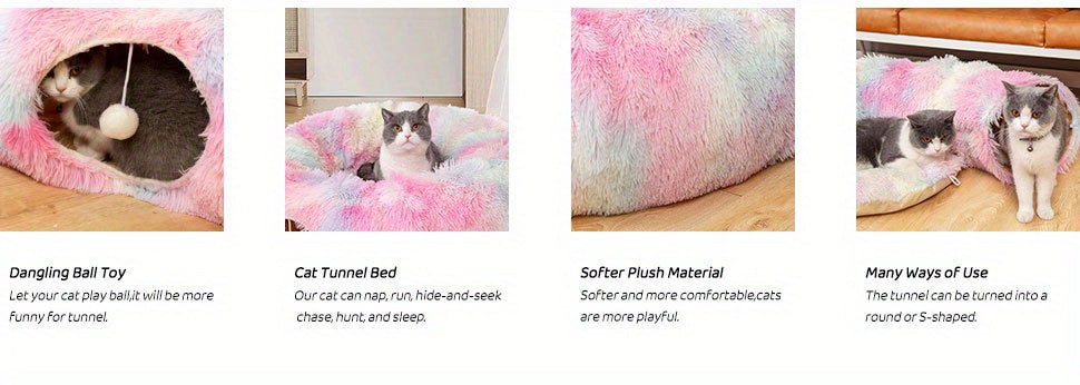 Cat tunnel bed with plush material and various uses shown.