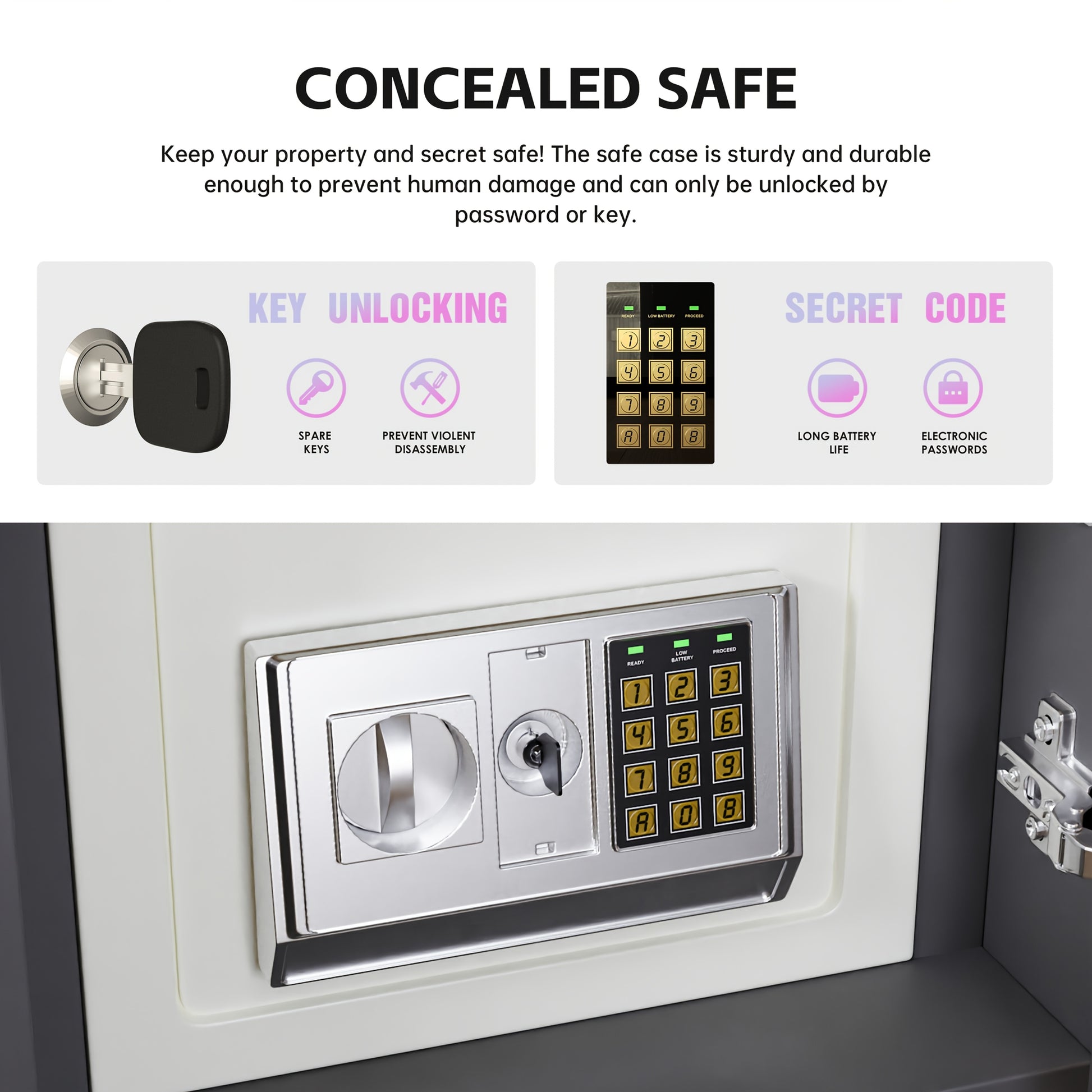 Concealed safe with key unlocking and electronic code features on a white background.