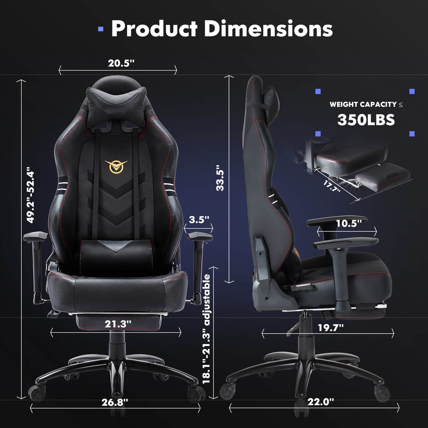 Dimensions of a black Big and Tall Gaming Chair sold by WorkZen Interiors