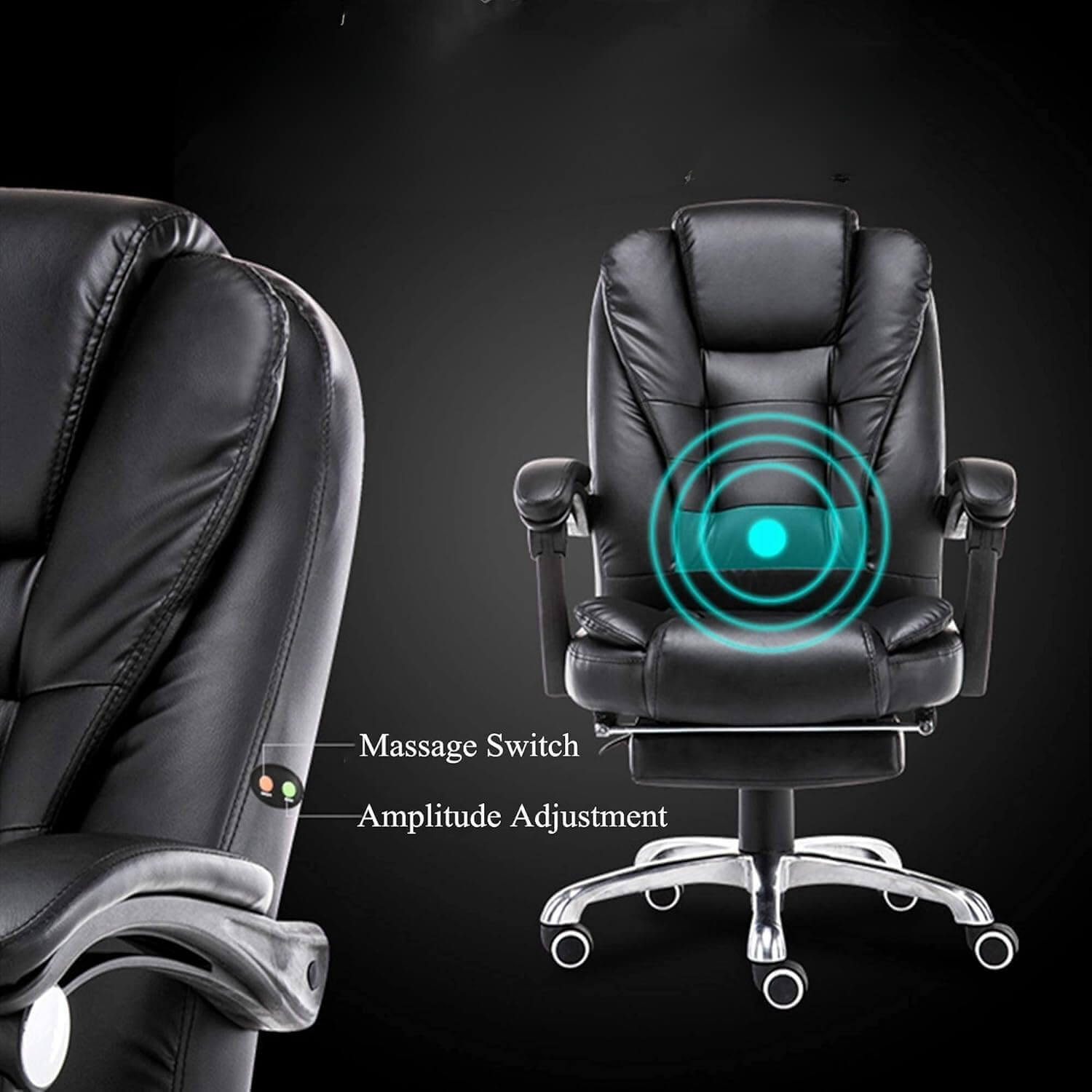 The massage feature of the black Boston Reclining Office Chair With Footrest with aluminium legs sold by WorkZen Interiors