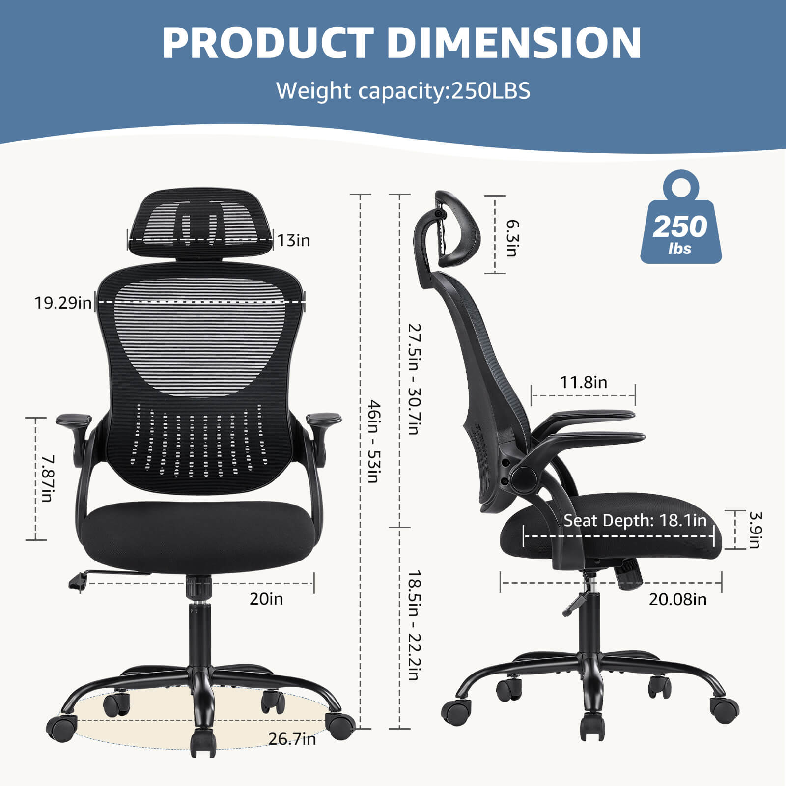 Dimension of a black Mesh Back Office Desk Chair sold by WorkZen Interiors
