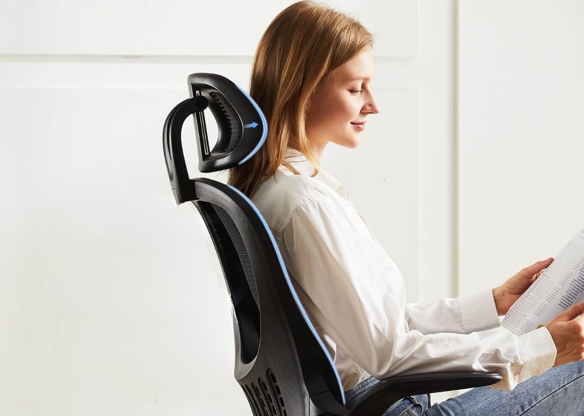 A headrest of a black Mesh Back Office Desk Chair sold by WorkZen Interiors