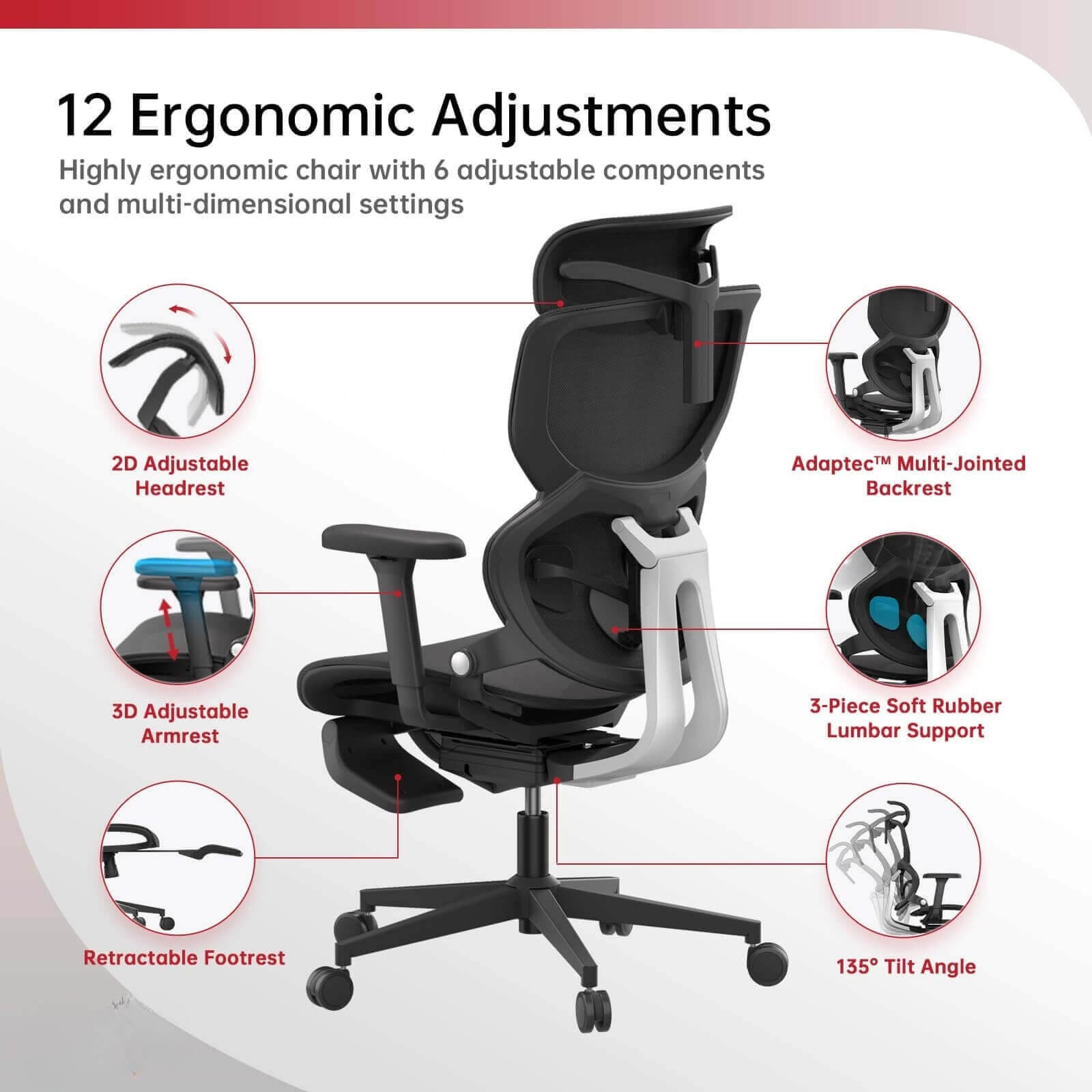 12 ergonomic adjustments of the black big and tall mesh office chair sold by WorkZen Interiors
