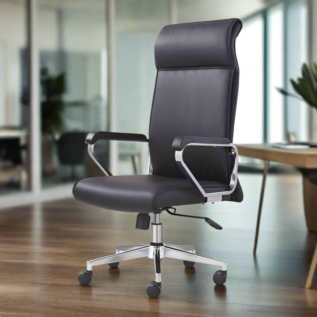 The side view of a black leather office chair sold on WorkZen Interiors