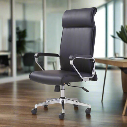 The side view of a black leather office chair sold on WorkZen Interiors