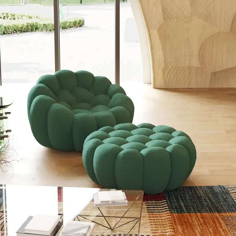 Green textured bubble sofa and ottoman in a modern living room setting.