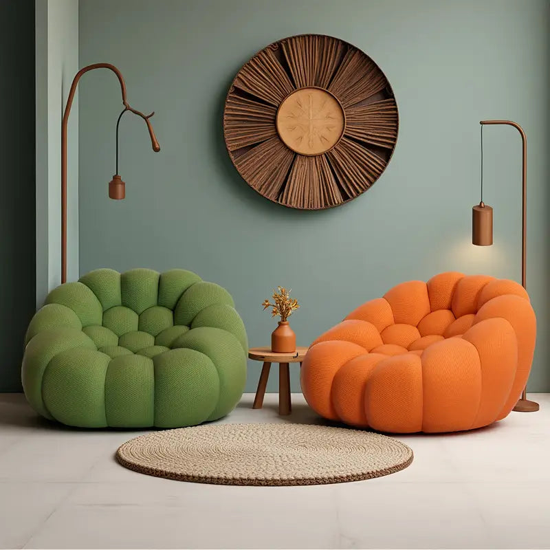Modern living room with a green and orange bubble sofa, wooden wall decor, and floor lamps.