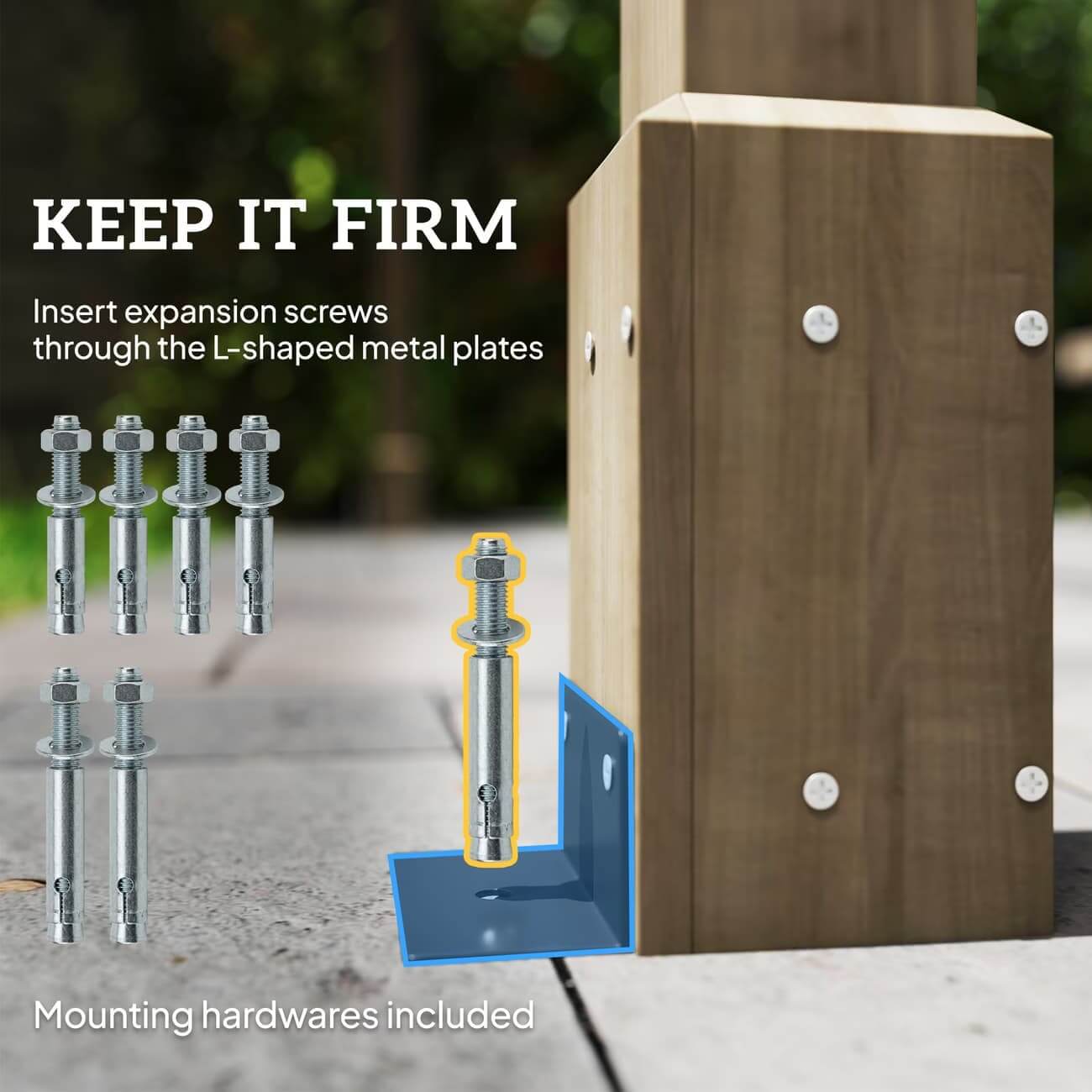 Wooden post with L-shaped metal plates and screws, outdoor setting