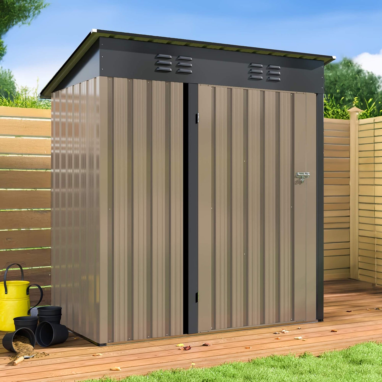 Metal storage shed with a yellow watering can and black buckets on a wooden deck.